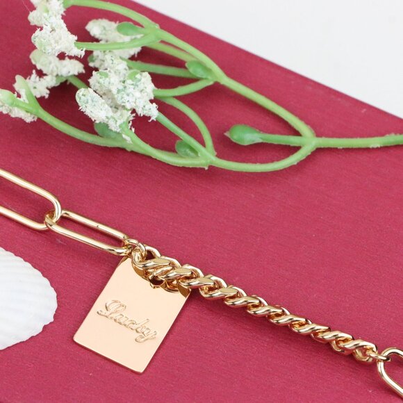 "Chunky Rose Gold Bracelet with Paperclip and Square Tag Charm, XPBL1078 - Picture 5 of 12